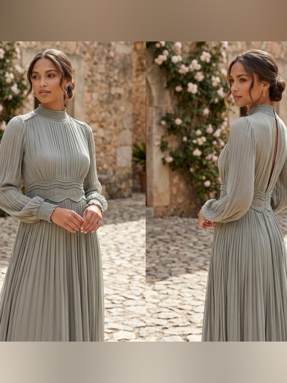 H&M Pleated Long Sleeve Midi Dress in Dusty Sage